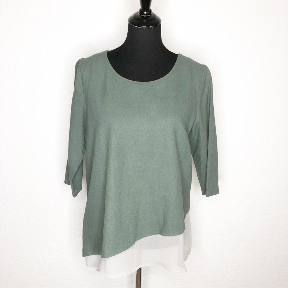Soft Surroundings green light gray sheer hem linen blend top size Petite Small